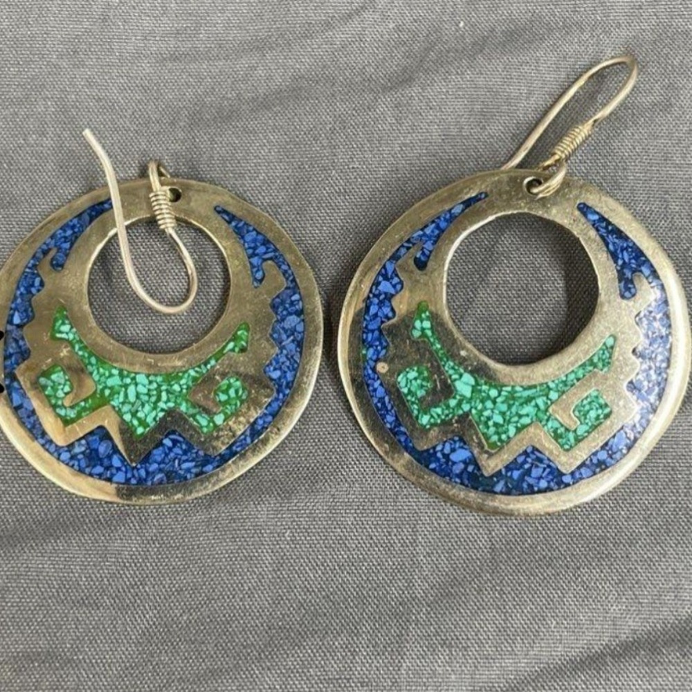 Vintage Alpaca Mexico Inlay Earrings Blue Green Stone Geometric Drop Hoop